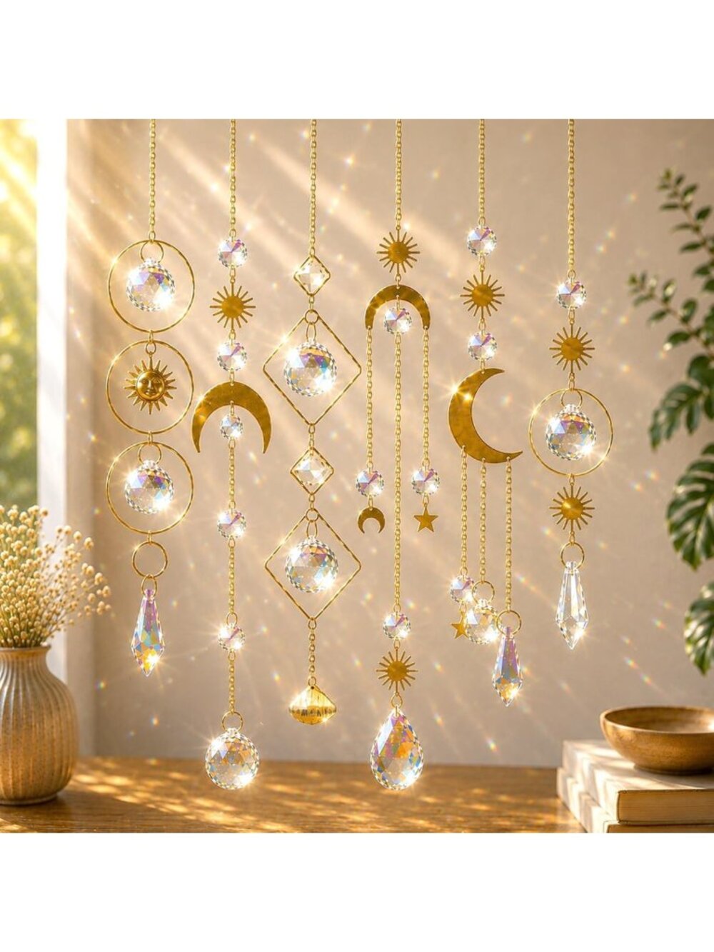 Colorful Crystal Suncatcher Set - 6 Pieces Hanging Sun Catchers with Chain
